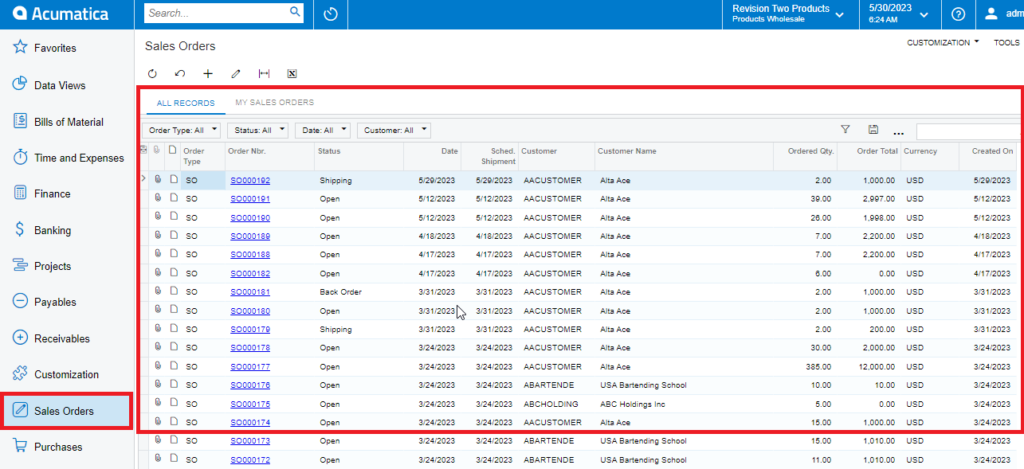 Acumatica and select the Sales Oder