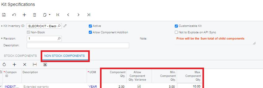 Configure kit components for non-stock items