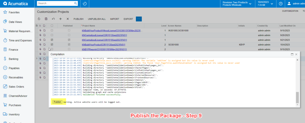 Compilation window shows validation finished successfully