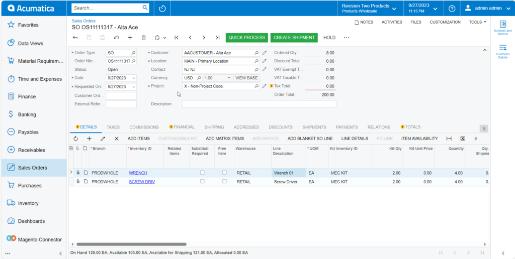 Create Shipment option in Sales Order