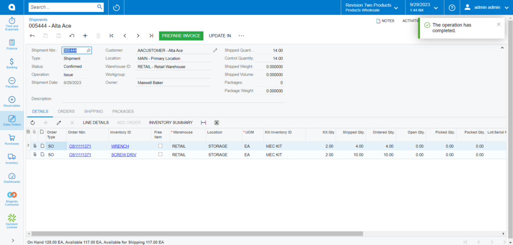 Prepare Invoice Screen