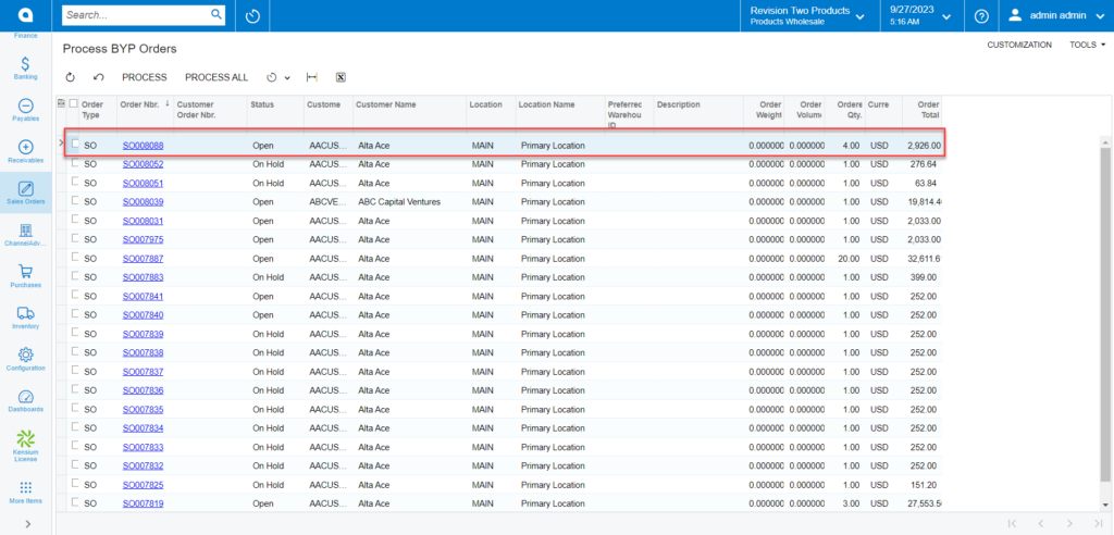 Sales Order on the Process BYP