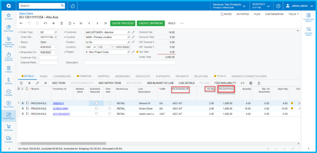 Sales Order screen with parent item, Kit Qty and Kit Unit price