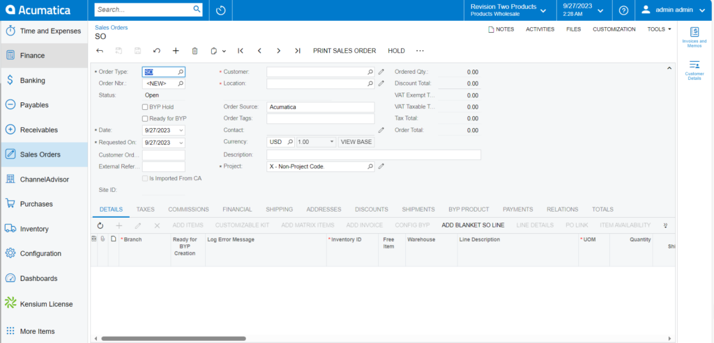 Sales Orders in the BYP browse