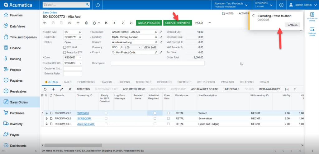 Shipping Order processed in Acumatica