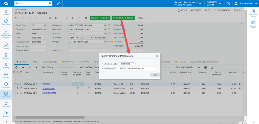 Specify Shipment parameters