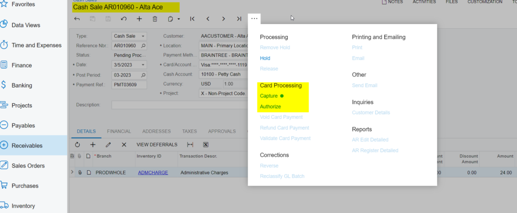 Authorize and Capture at Cash Sales Screen