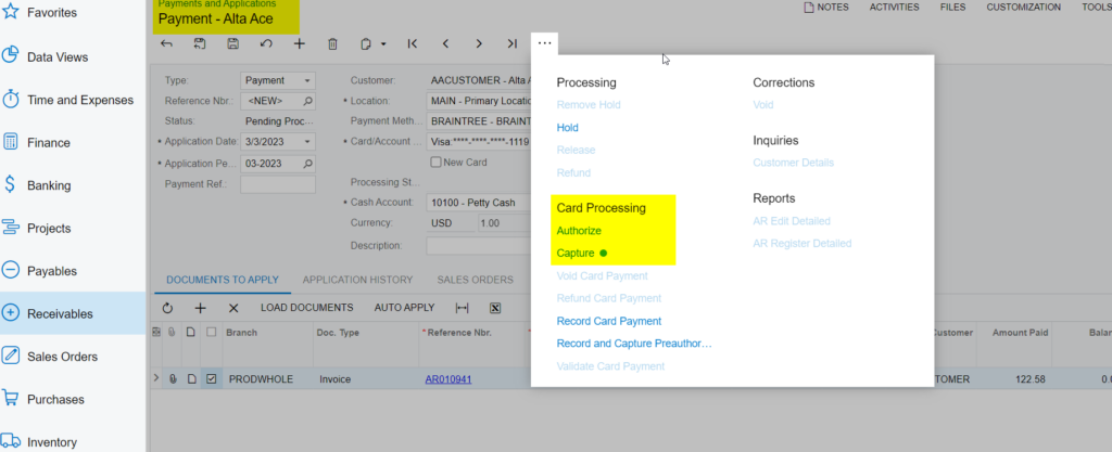 Authorize  and Capture at Payments and Applications Screen