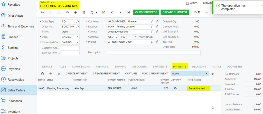 Authorized Action at Sales Order Screen