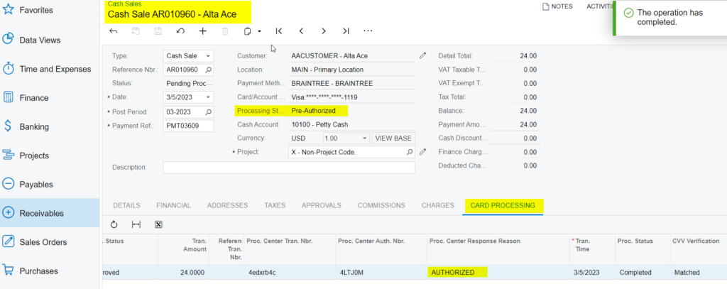 Authorized action at Sales Order Screen