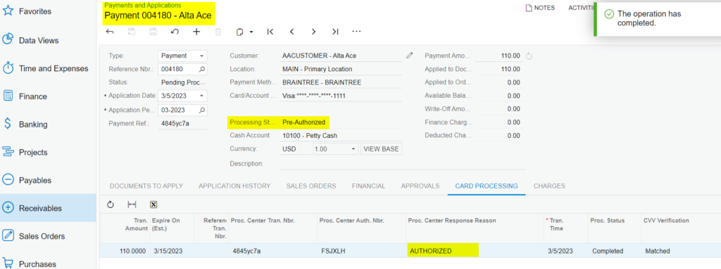 Authorized action in Payments and Applications