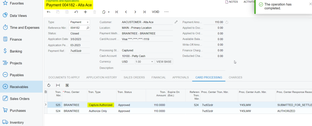 Capture action in Payments and Applications Screen