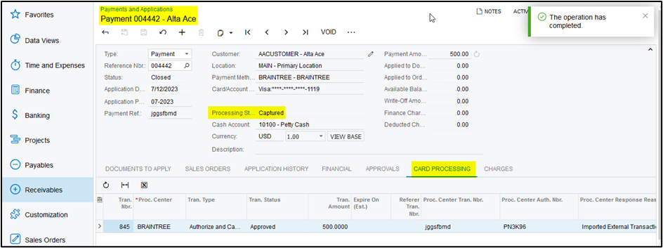 Captured at Payments and Applications Screen