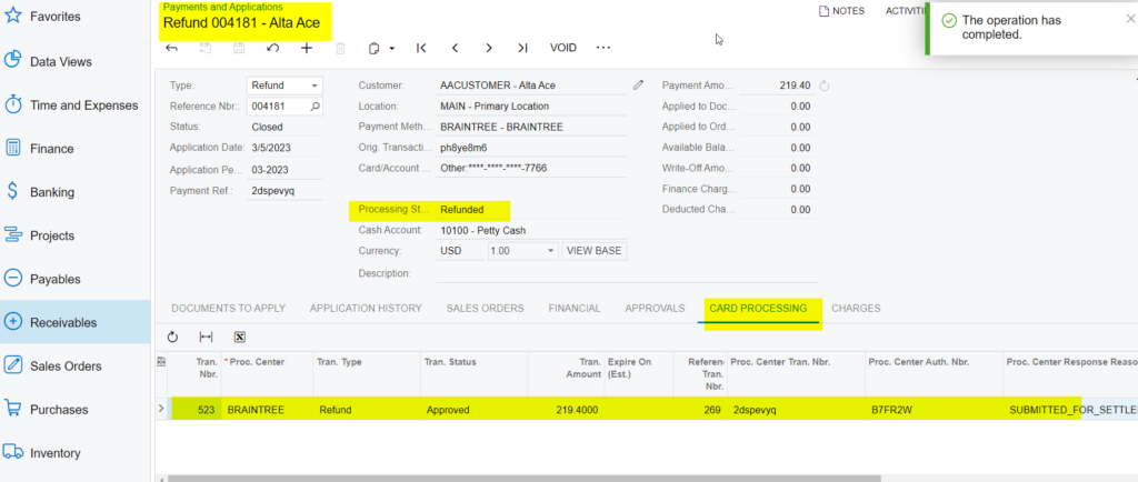 Card Processing Tab under Payments and Applications Screen