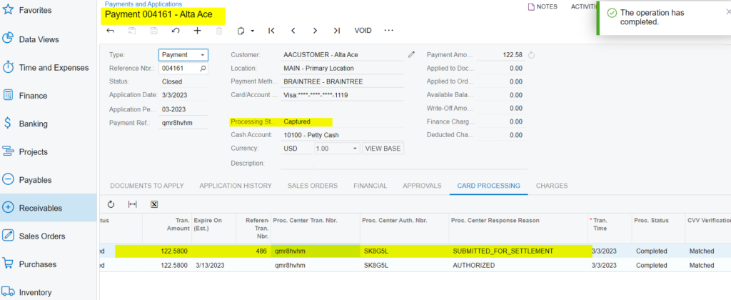 Payments and Applications Screen