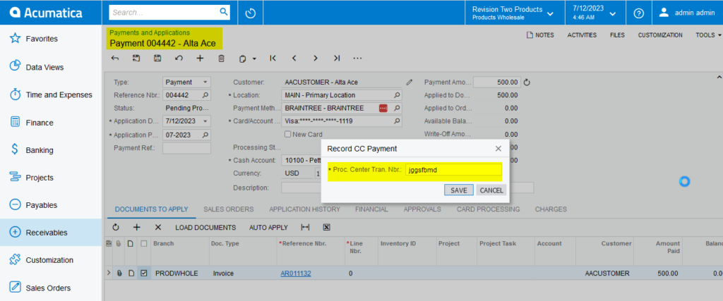 Record CC Payment in Payments and Applications Screen