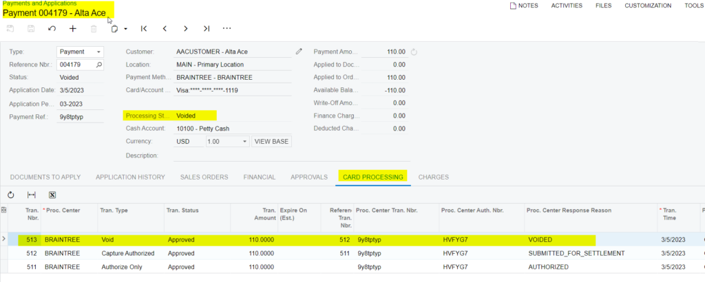 Void Action at Payments and Applications Screen