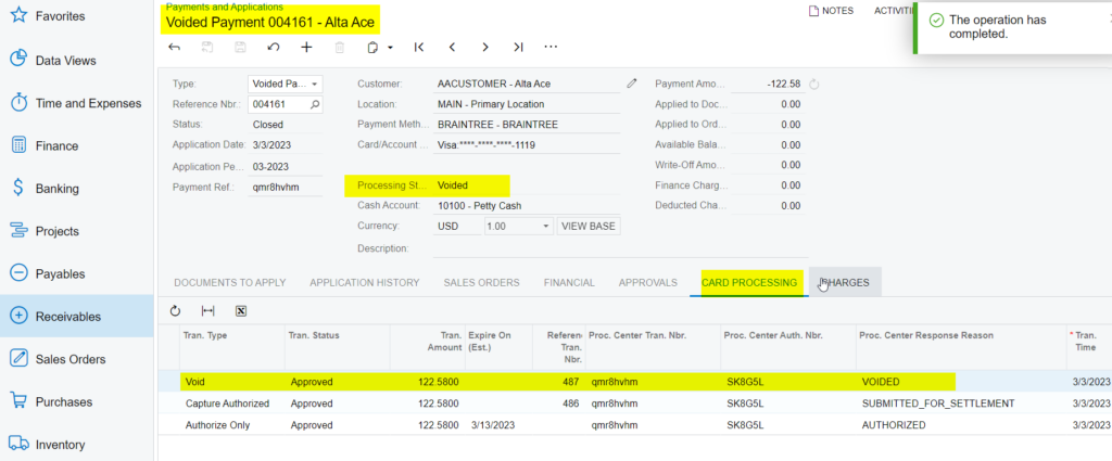 Void CC payment under Payments and Applications Screen