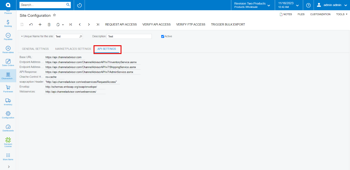 API Settings | Kensium Products Documentation