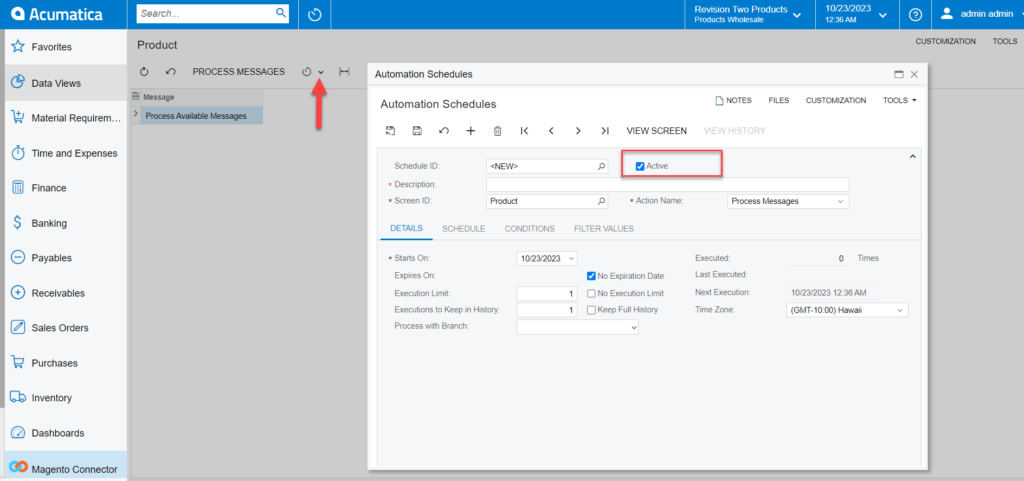 Active schedules check box is checked