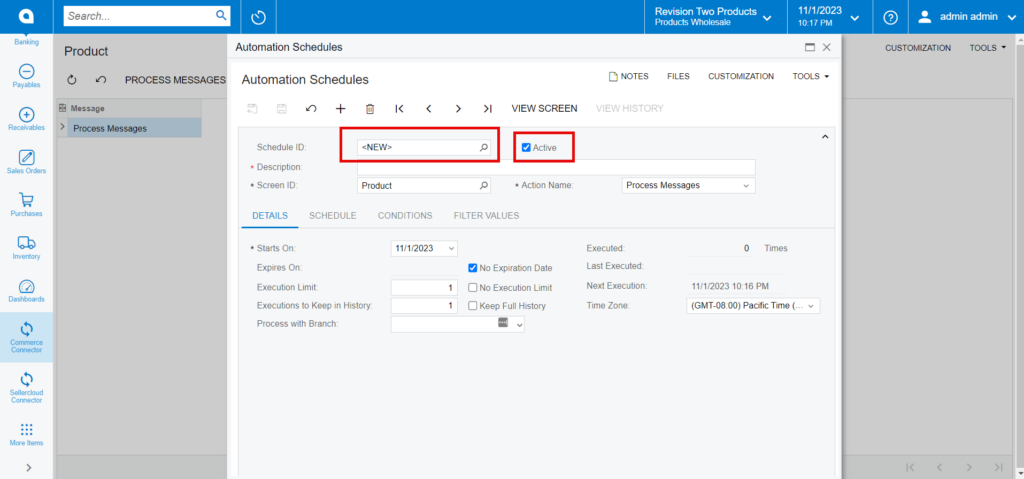 Active schedules check box is checked