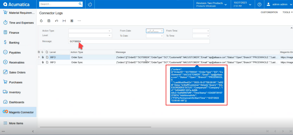 Acumatica Connector Log