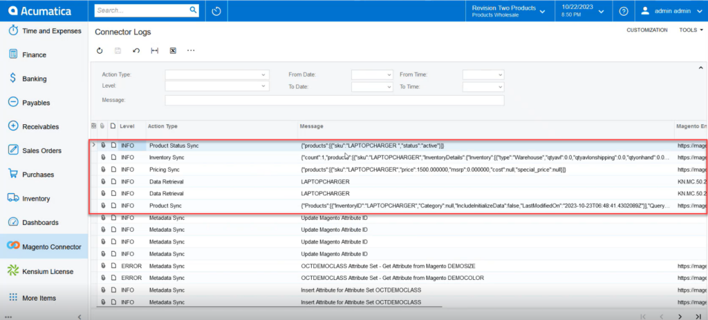 Acumatica Connector Log Details