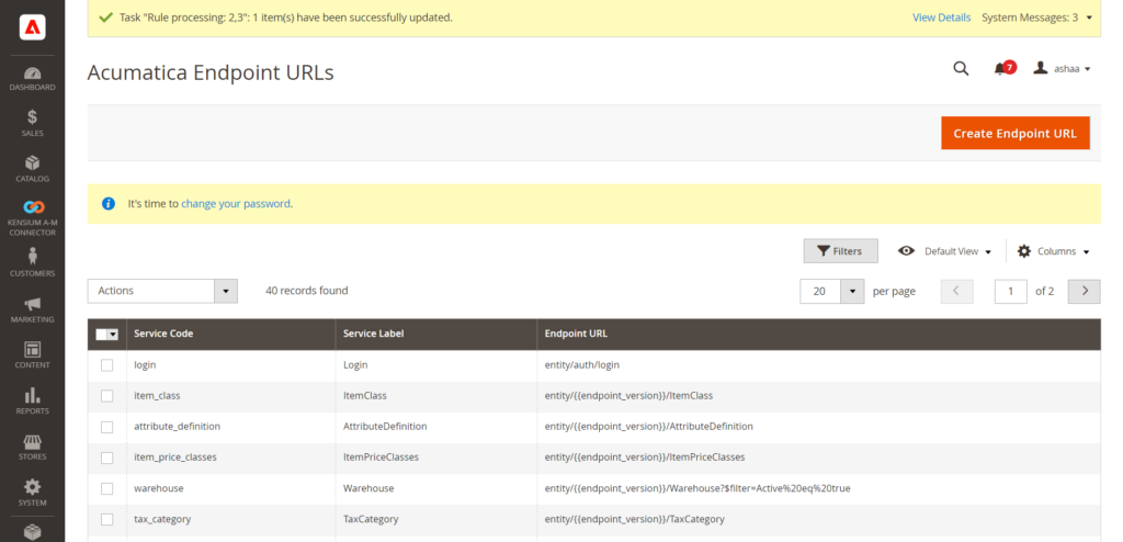 Acumatica Endpoint URLs screen