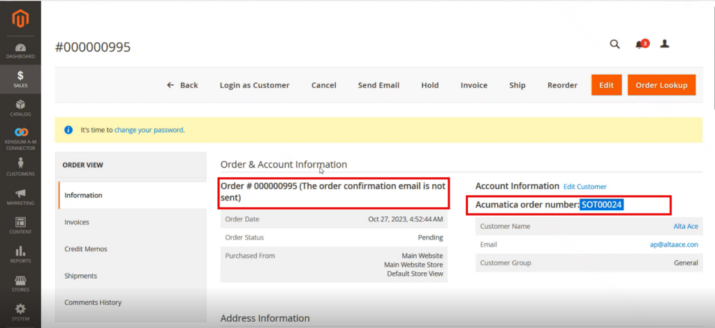 Acumatica Order Number and Magento Order Number