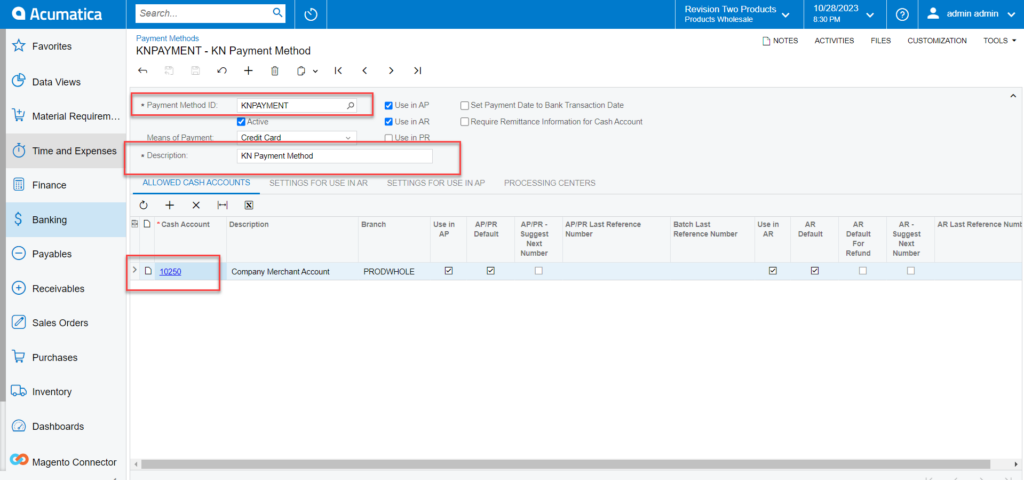 Acumatica Payment Method