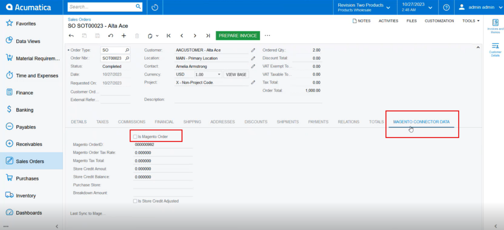 Acumatica Sales Order Screen