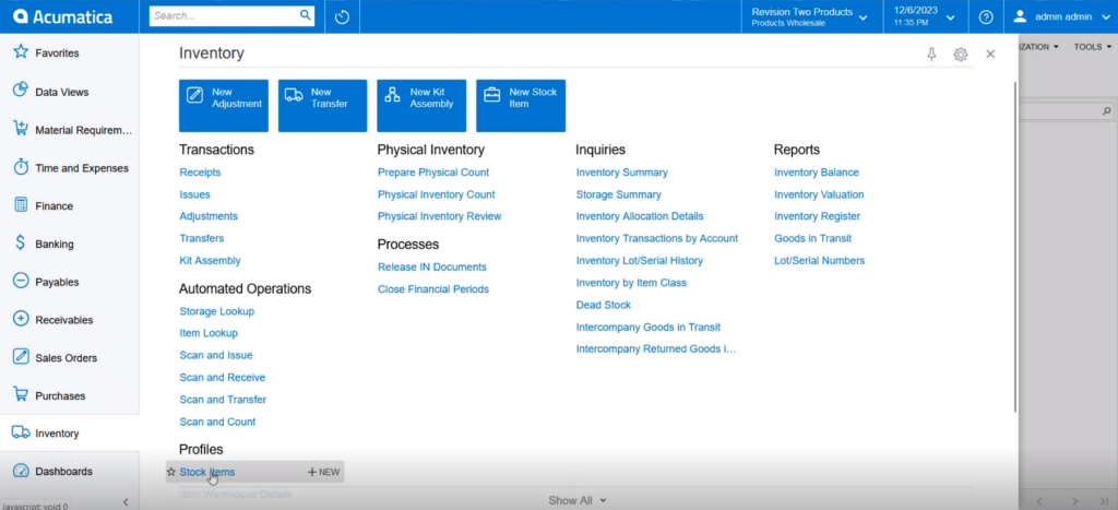 Acumatica and click on Stock
