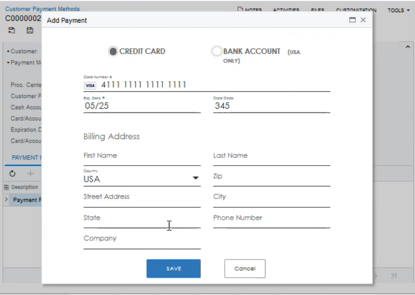 Adding a new card in Acumatica