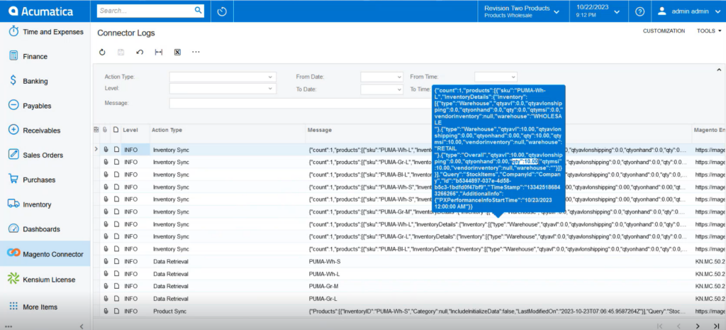 Another combination of products on the [Connector Logs]