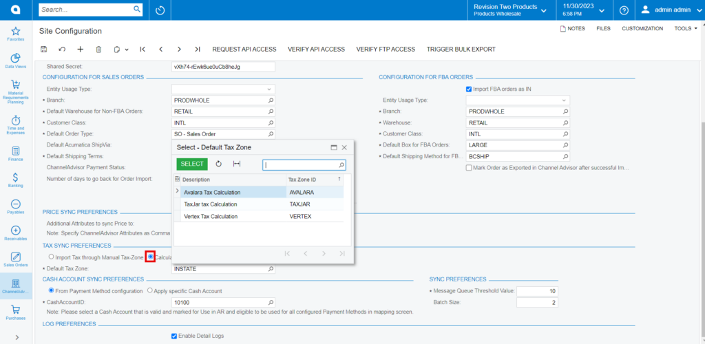 Calculate Tax Sync Preferences