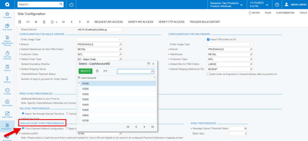 Cash Account Sync Preferences