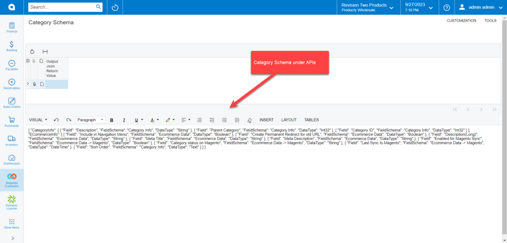 Category Schema in the API screen