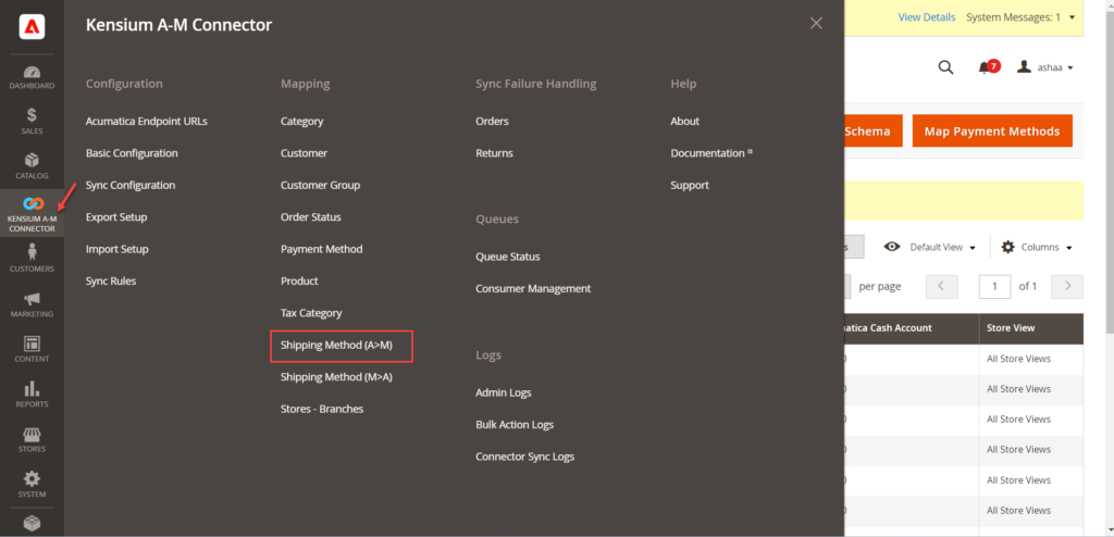 Click on Shipping Method (A>M) from the Mapping section