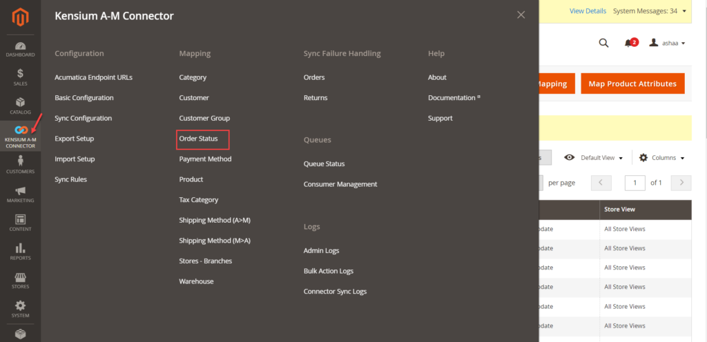 Click on the Order Status from Kensium A-M Connector Mapping