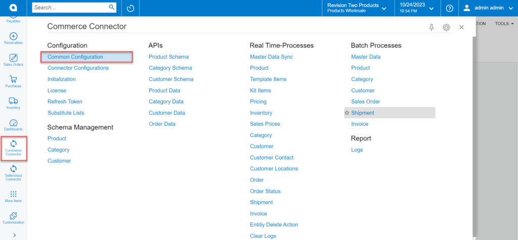 Commerce Connector screen with common configuration