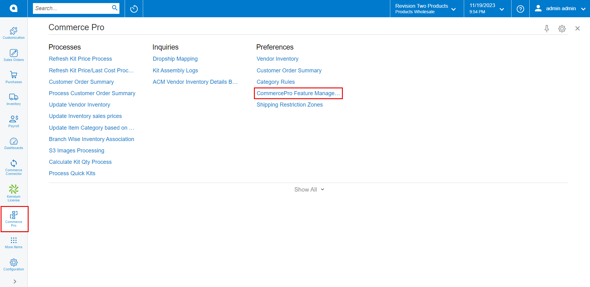 CommercePro Feature Management | Kensium Products Documentation