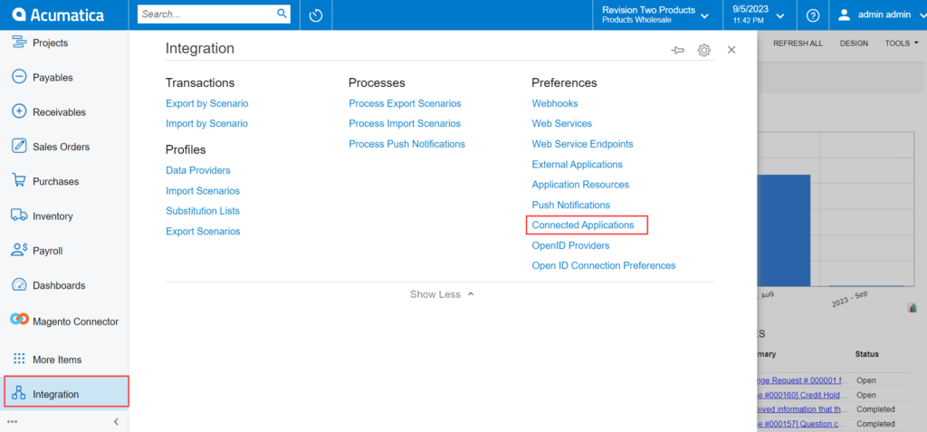 Connected Applications under Preferences in Integration