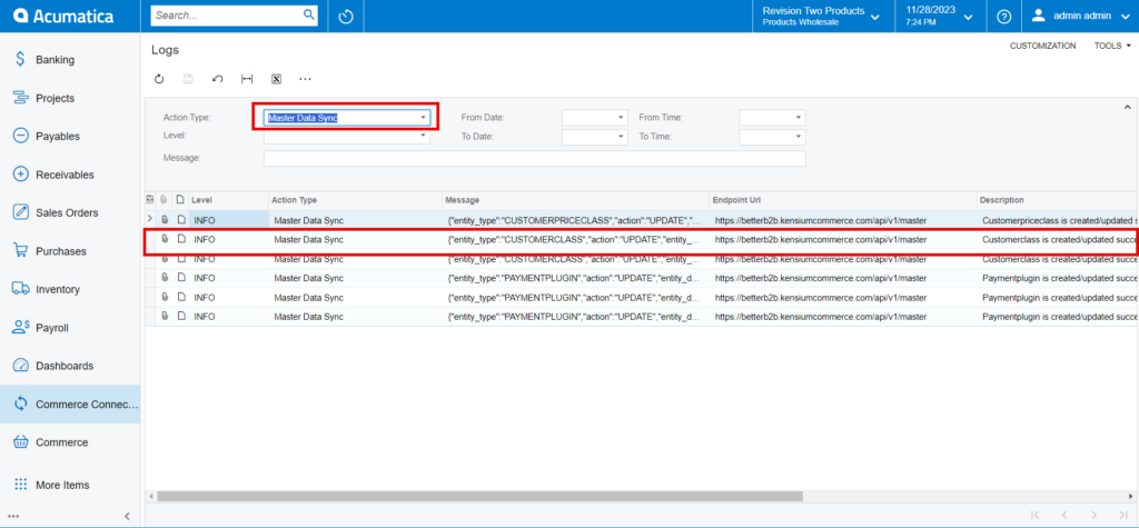 Connector Logs in the Acumatica