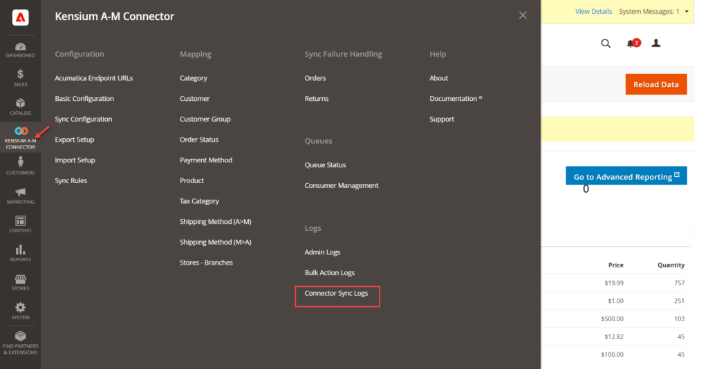 Connector Sync Logs in Kensium A-M Connector