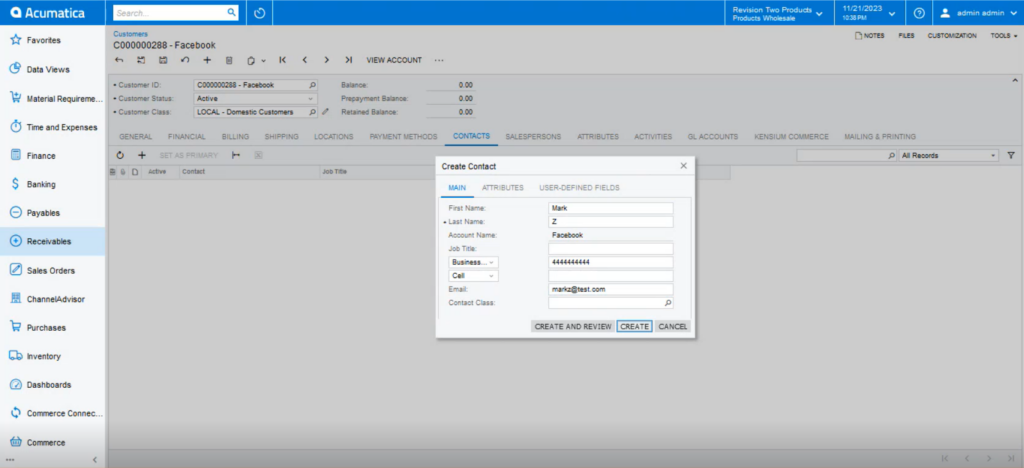 Creating a customer within Acumatica