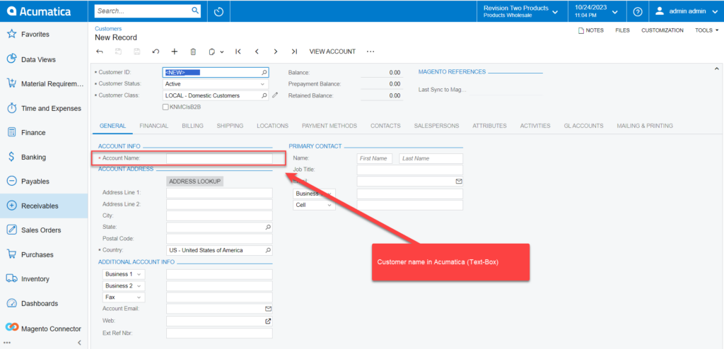 Customer Name Field in Acumatica