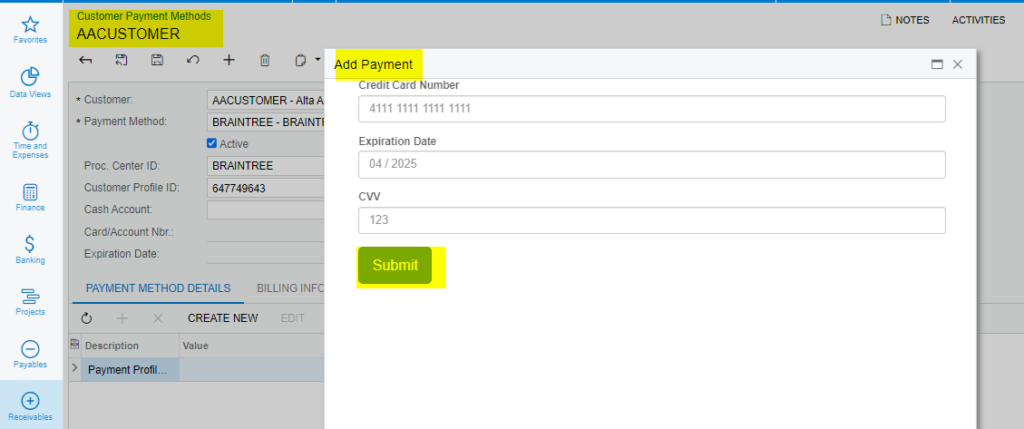 Customer Payment Method Screen