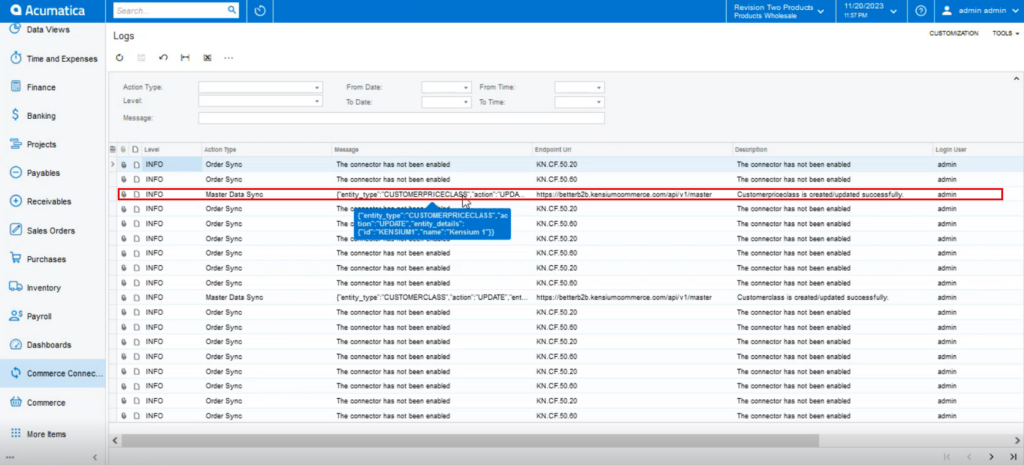 Customer Price Class in the Connector Log