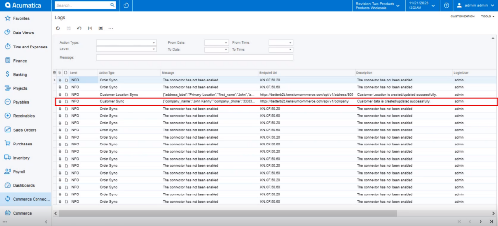 Customer Sync Details in the Connector Logs