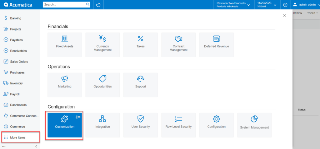 Customization Option in Acumatica